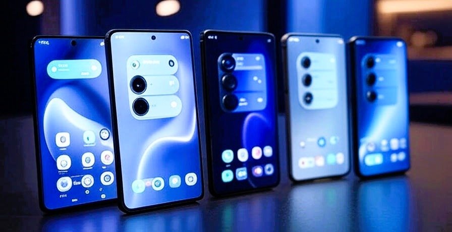 A premium image of the Galaxy S25, S25+, and S25 Ultra lined up, showcasing their sleek designs and One UI 8 features, set against a luxurious tech backdrop.